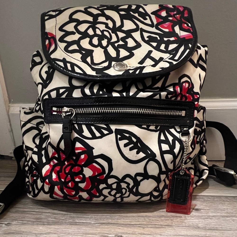 Coach satin and black patent backpack